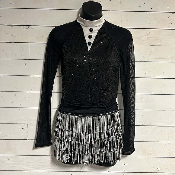 Vintage Dresses & Skirts - Tuxedo Style Black & White Long Sleeve Leotard Dance Costume Mesh Sequin Fringe